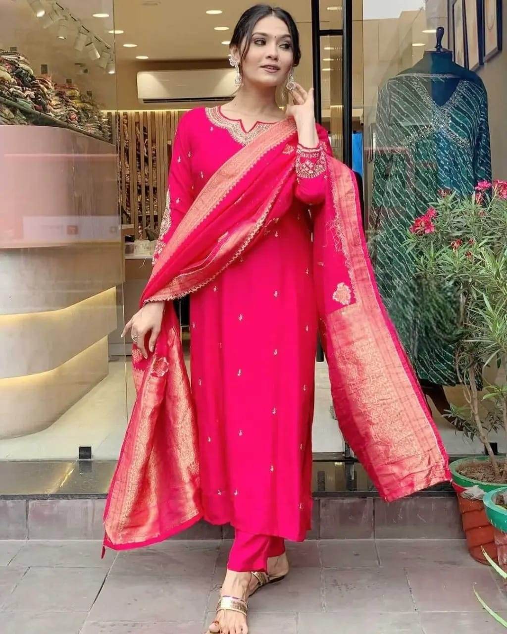 Heavy embroidered chanderi silk kurti-pant and banarasi dupatta set - Eraya