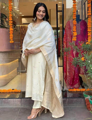 Heavy embroidered chanderi silk kurti-pant and banarasi dupatta set - Eraya