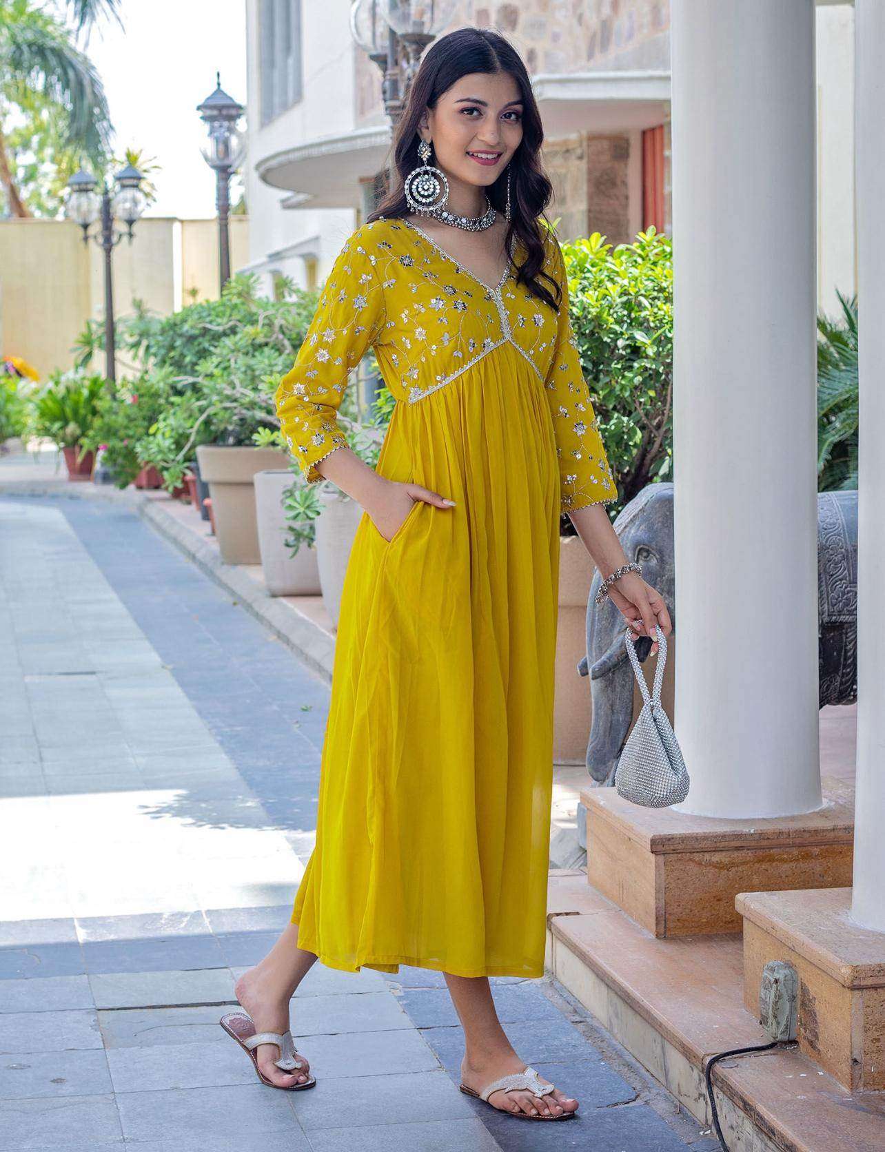 Embroidered and flared full length rayon dress - Eraya