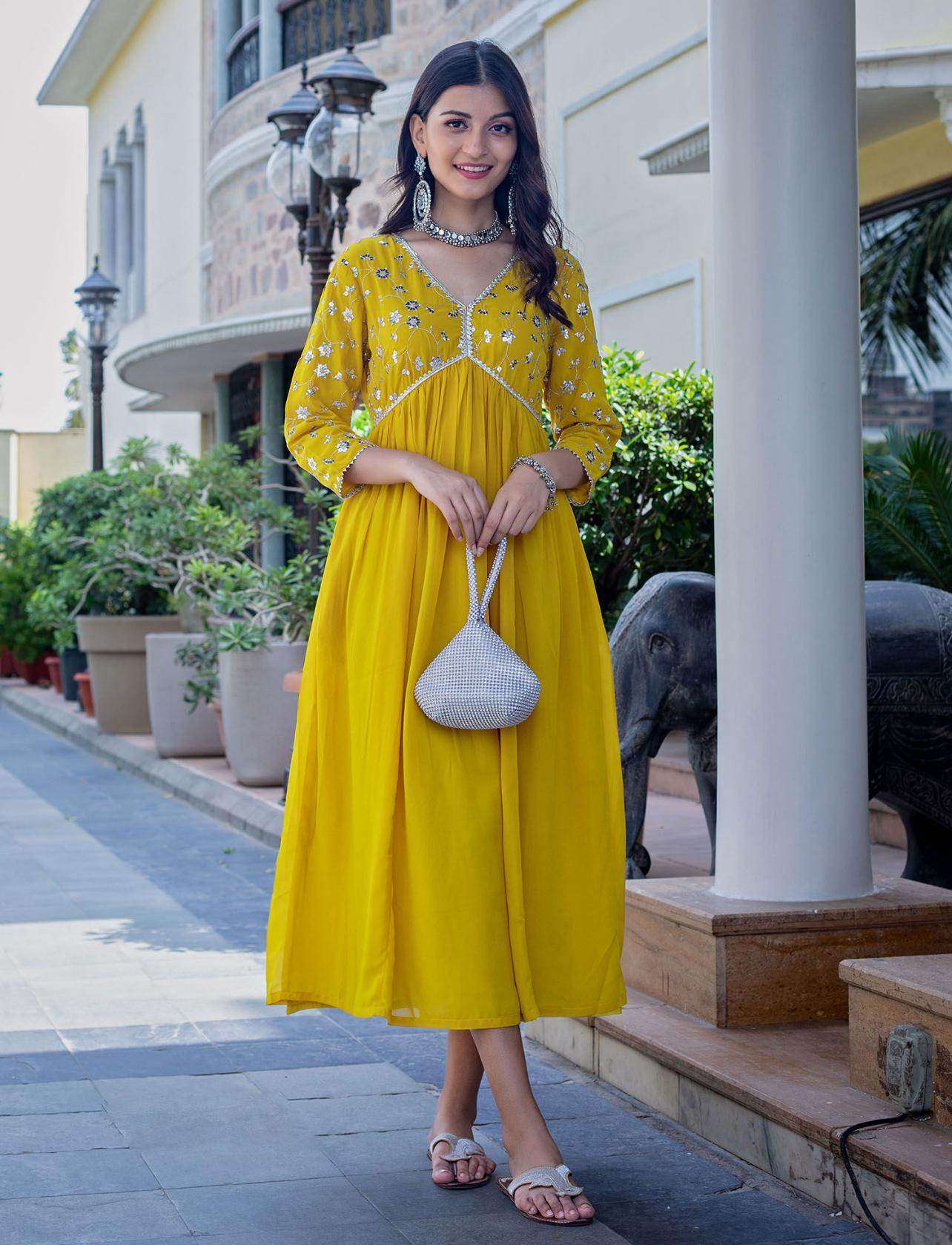 Embroidered and flared full length rayon dress - Eraya