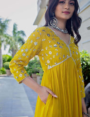 Embroidered and flared full length rayon dress - Eraya