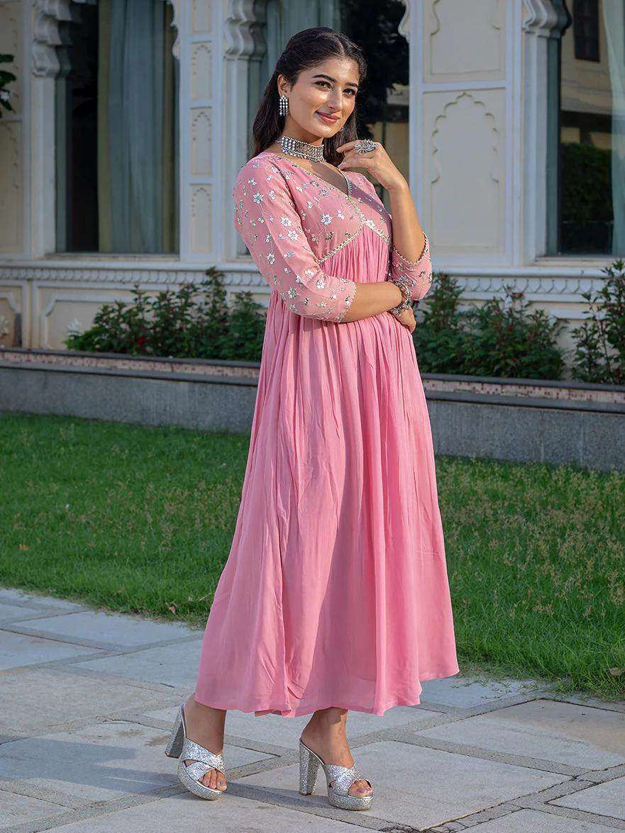 Embroidered and flared full length rayon dress - Eraya