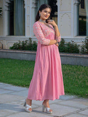 Embroidered and flared full length rayon dress - Eraya