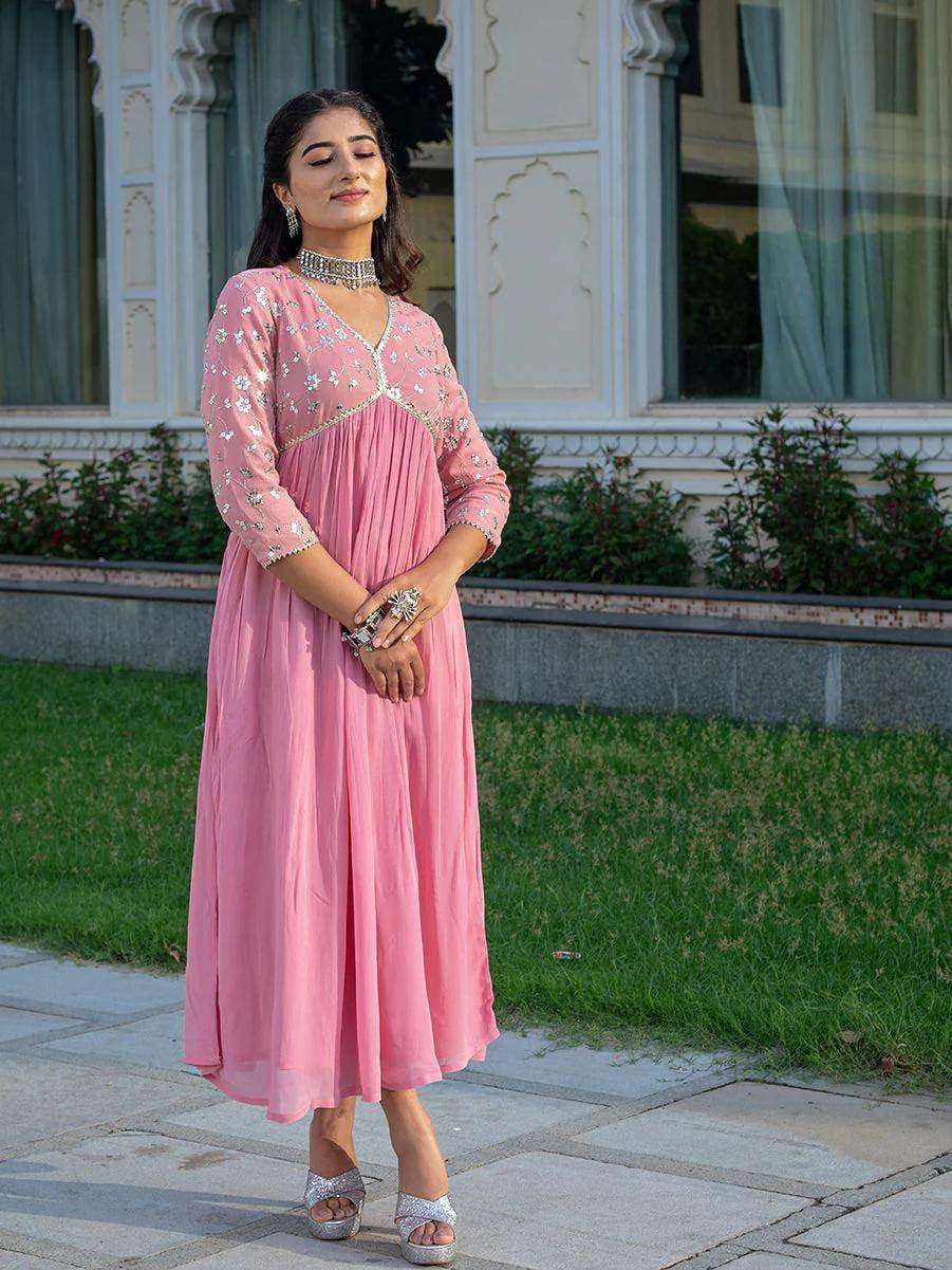 Embroidered and flared full length rayon dress - Eraya