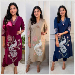 Classy embroidered cotton kurti-pant set - Eraya