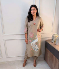 Classy embroidered cotton kurti-pant set - Eraya