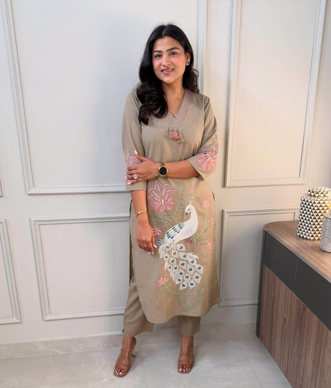 Classy embroidered cotton kurti-pant set - Eraya