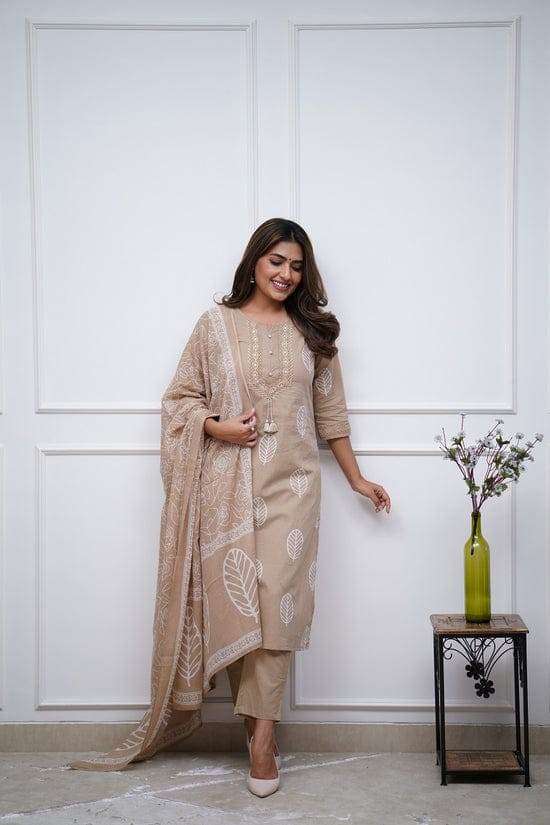 Beautiful lace work straight cotton kurti-pant and dupatta set - Eraya