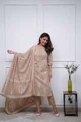 Beautiful lace work straight cotton kurti-pant and dupatta set - Eraya
