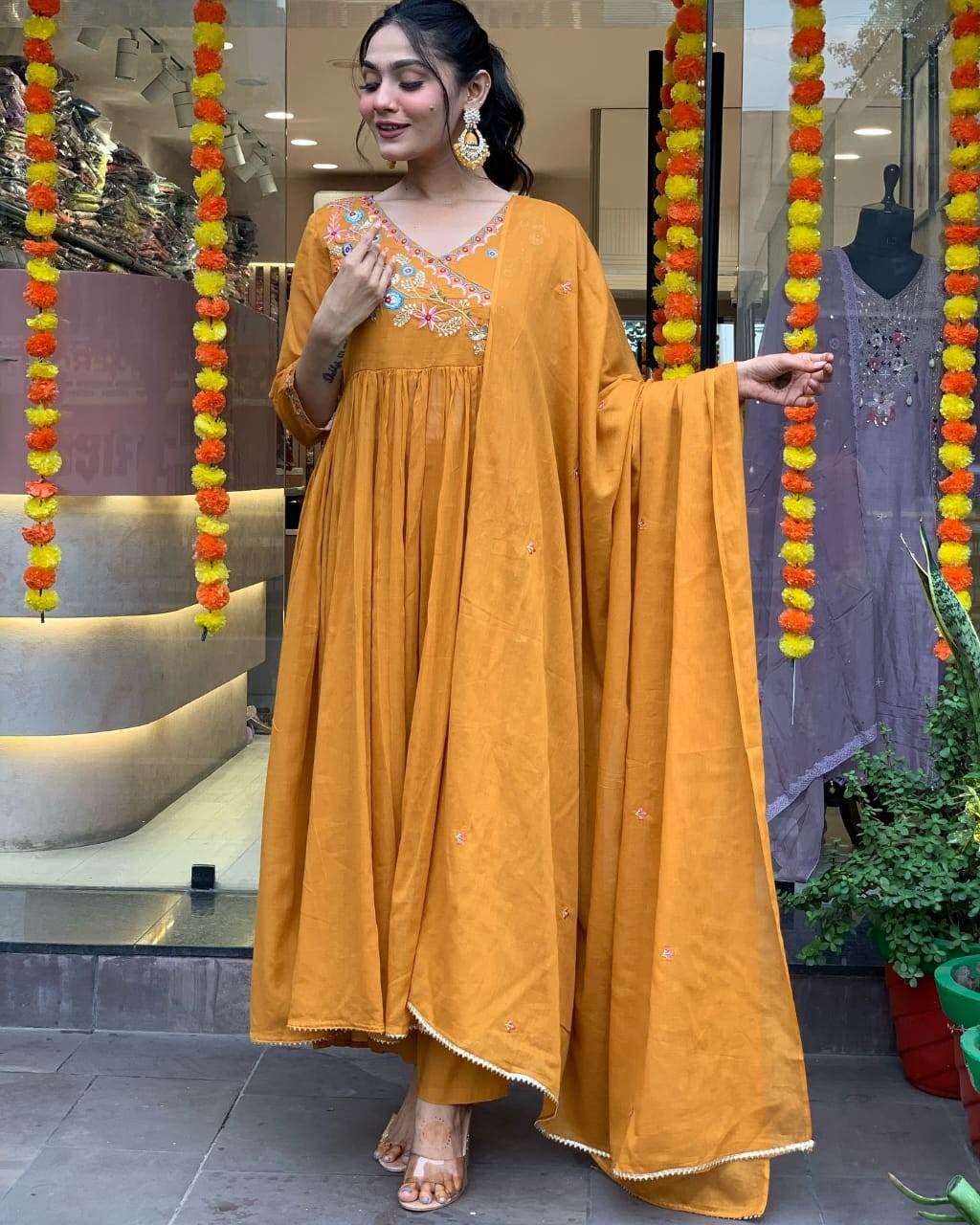 Angarkha style embroidered cotton anarkali suit set - Eraya