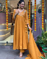 Angarkha style embroidered cotton anarkali suit set - Eraya