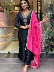 Premium banana silk kurti-pant and chinon silk dupatta set - Eraya