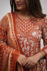 Flared sanganeri anarkali set with cotton mulmul dupatta - Eraya