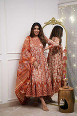 Flared sanganeri anarkali set with cotton mulmul dupatta - Eraya