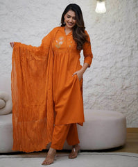 Front embroidered cotton kurti-pant and dupatta set - Eraya