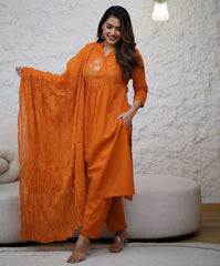 Front embroidered cotton kurti-pant and dupatta set - Eraya