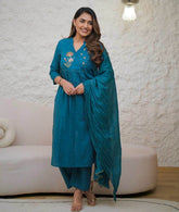 Front embroidered cotton kurti-pant and dupatta set - Eraya