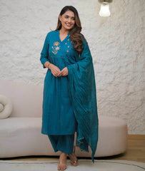 Front embroidered cotton kurti-pant and dupatta set - Eraya
