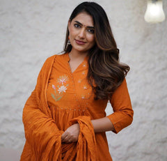 Front embroidered cotton kurti-pant and dupatta set - Eraya