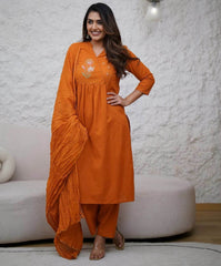 Front embroidered cotton kurti-pant and dupatta set - Eraya