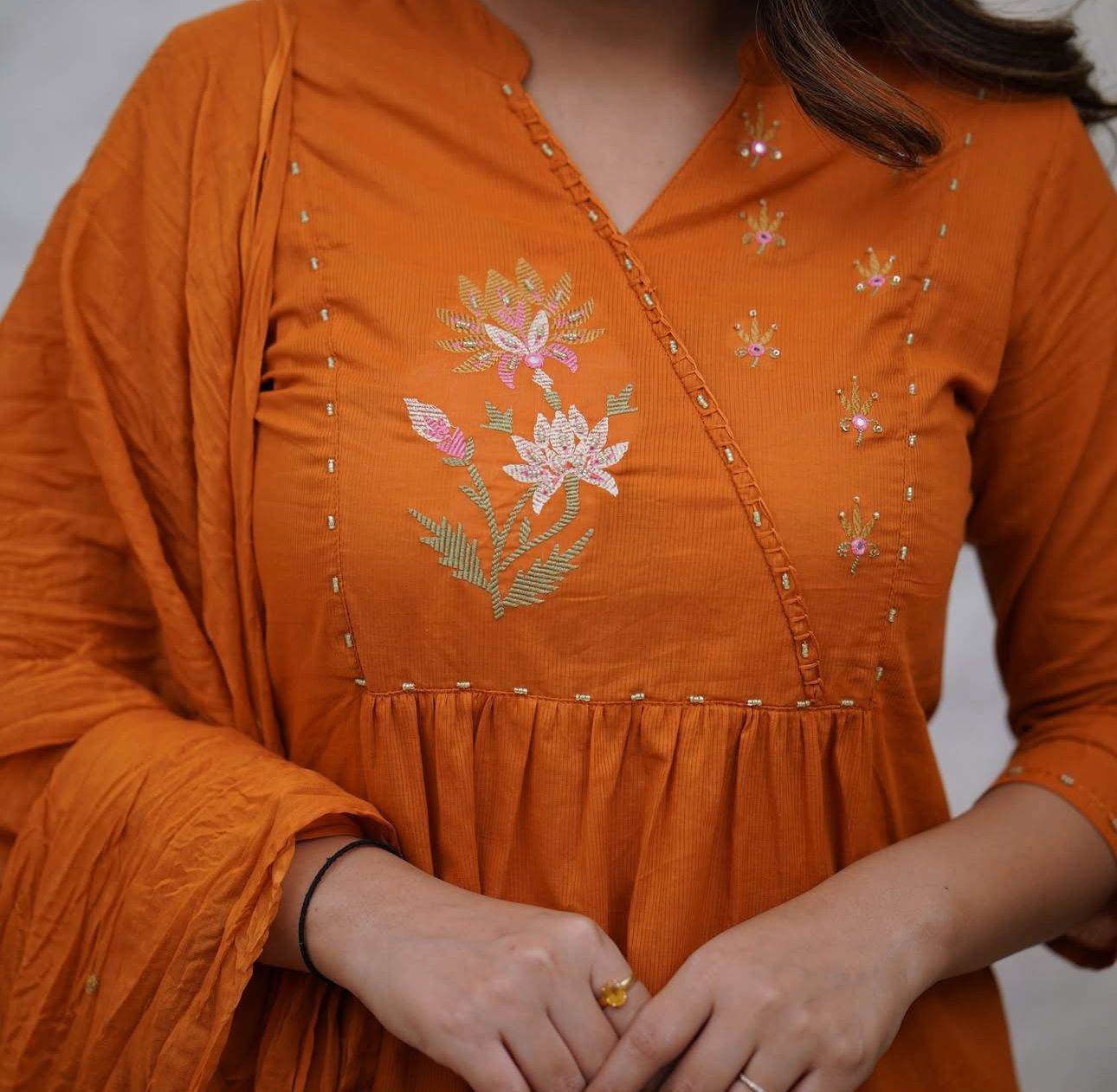 Front embroidered cotton kurti-pant and dupatta set - Eraya