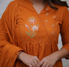 Front embroidered cotton kurti-pant and dupatta set - Eraya