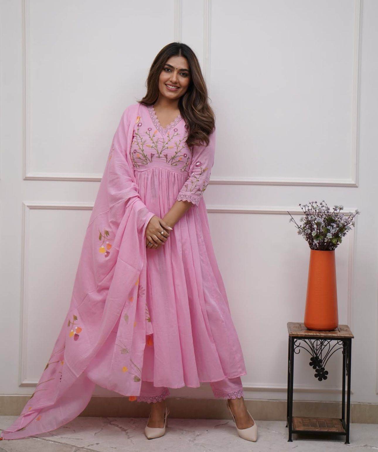 Heavy floral embroidered cotton kurti set - Eraya