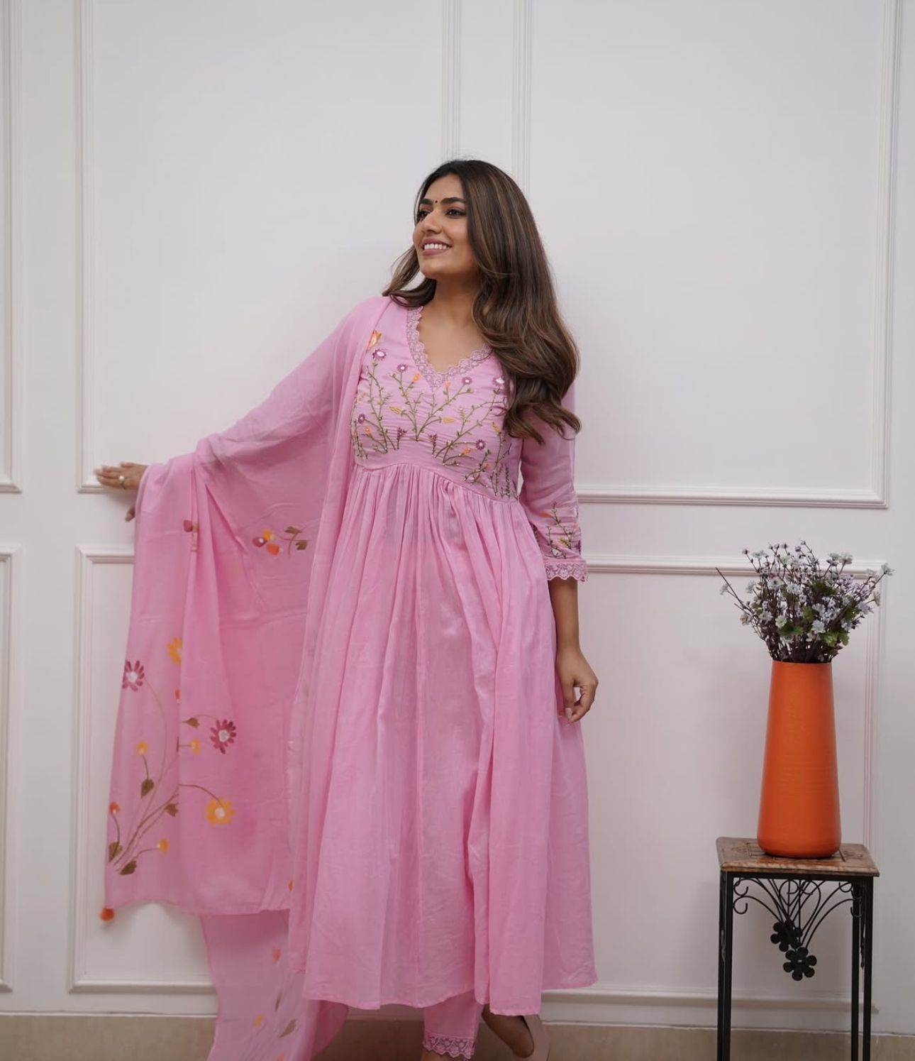 Heavy floral embroidered cotton kurti set - Eraya