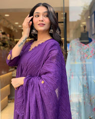 Beautiful A-line aari work kurti-pant and dupatta set - Eraya