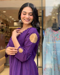 Beautiful A-line aari work kurti-pant and dupatta set - Eraya