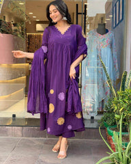 Beautiful A-line aari work kurti-pant and dupatta set - Eraya