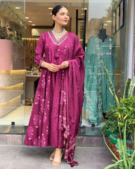 Beautiful sequence work cotton anarkali kurti set - Eraya