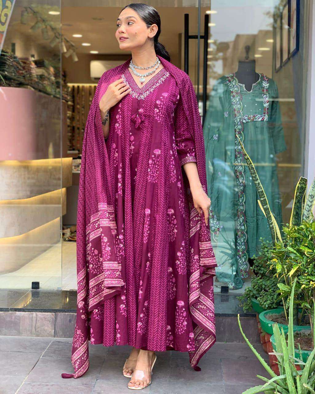 Beautiful sequence work cotton anarkali kurti set - Eraya