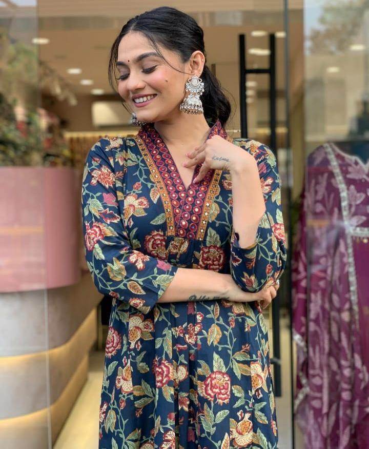 The floral cotton flared three piece kurti set - Eraya