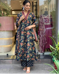 The floral cotton flared three piece kurti set - Eraya