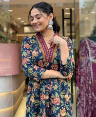 The floral cotton flared three piece kurti set - Eraya