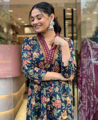 The floral cotton flared three piece kurti set - Eraya
