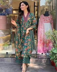 The floral cotton flared three piece kurti set - Eraya