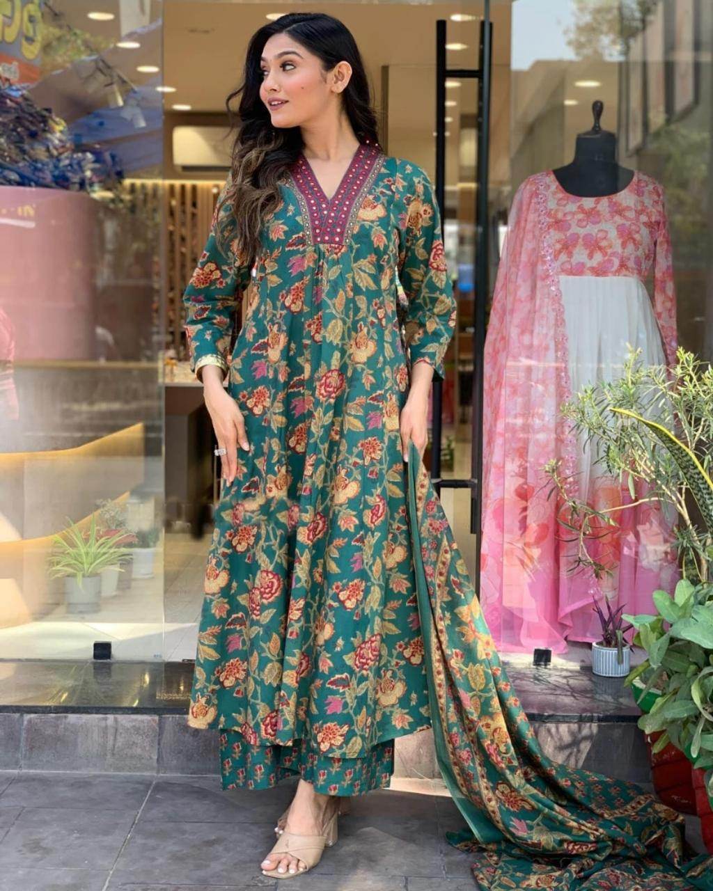 The floral cotton flared three piece kurti set - Eraya