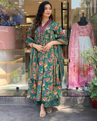 The floral cotton flared three piece kurti set - Eraya