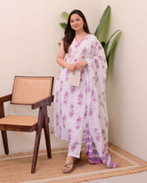 Beautiful floral printed cut-sleeves cotton kurti set