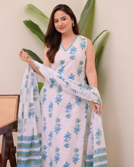 Beautiful floral printed cut-sleeves cotton kurti set