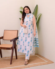 Beautiful floral printed cut-sleeves cotton kurti set