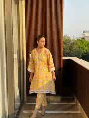Pure maslin lace work floral printed co-ord set