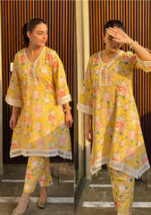 Pure maslin lace work floral printed co-ord set