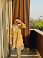 Pure maslin lace work floral printed co-ord set