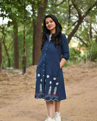 Denim blue hand embroidered cotton midi-dress