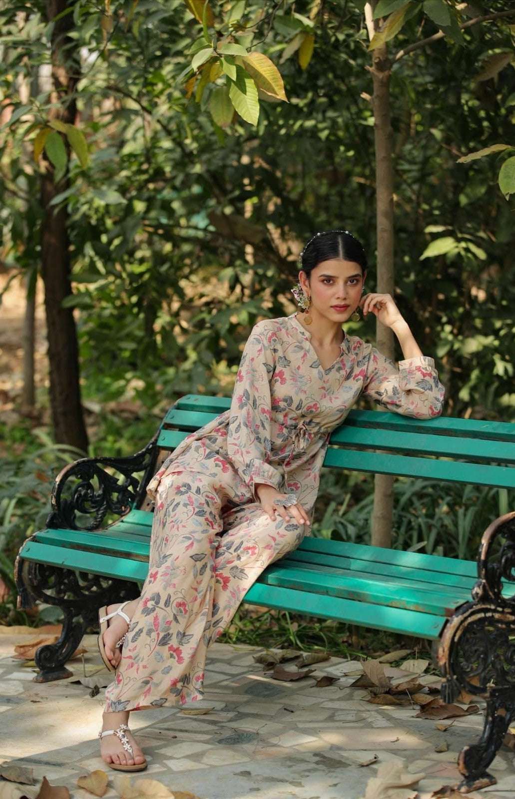 Floral Muslin Silk Printed Peplum Kurti With Palazzo Co-Ord Set
