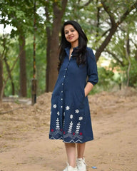 Denim blue hand embroidered cotton midi-dress