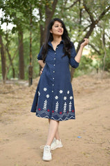 Denim blue hand embroidered cotton midi-dress